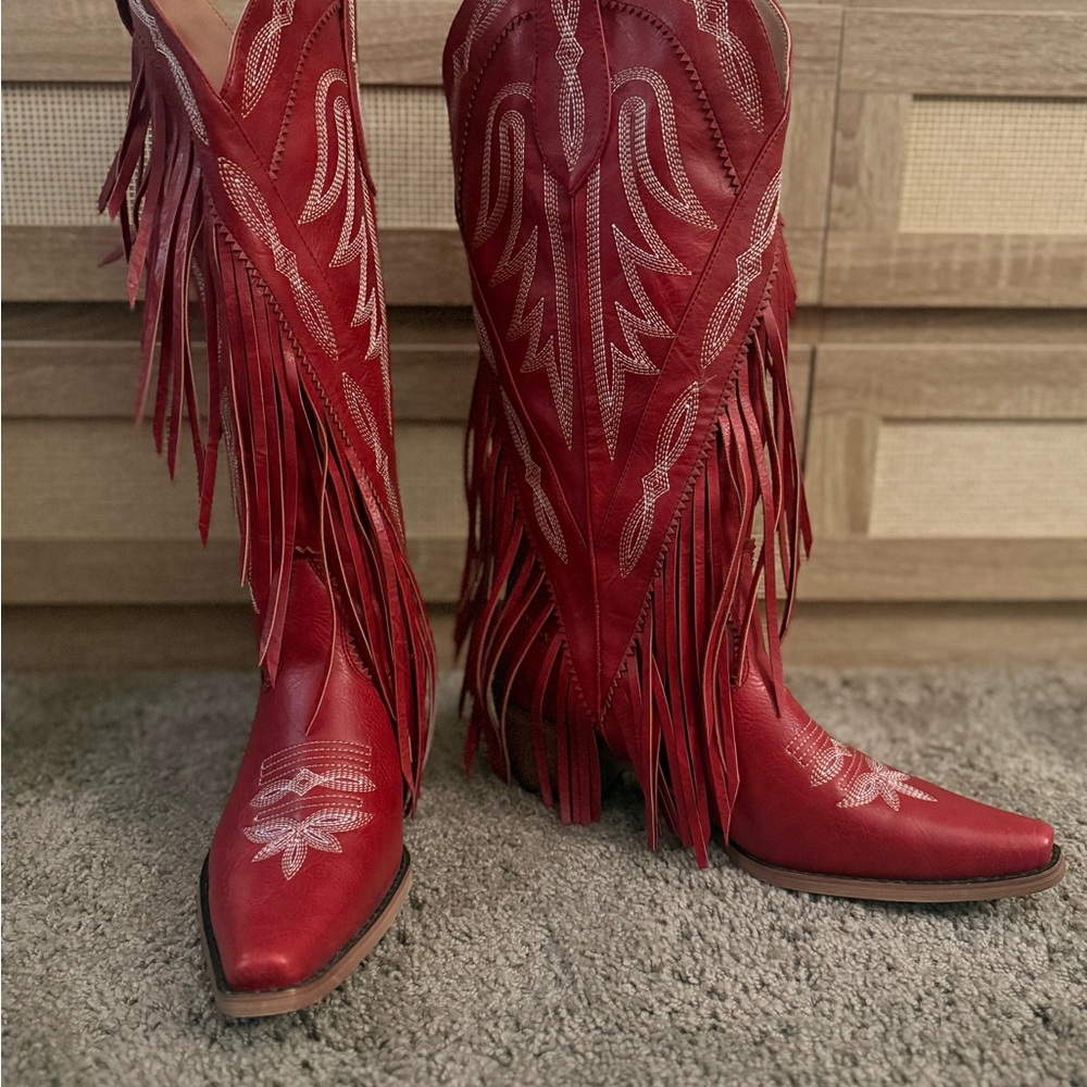 Fringed Red Western Heeled Boots, Never worn